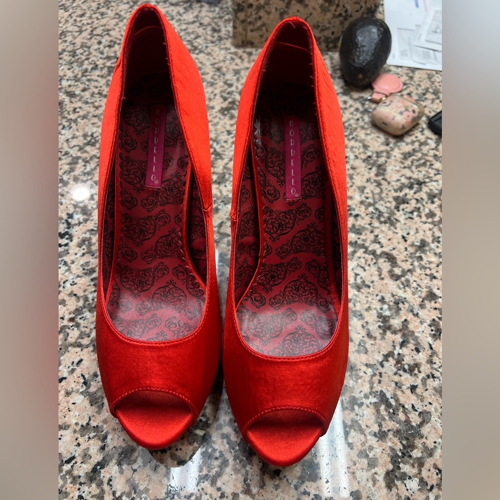 Bordelle size 10 red satin rhinestone high heels.